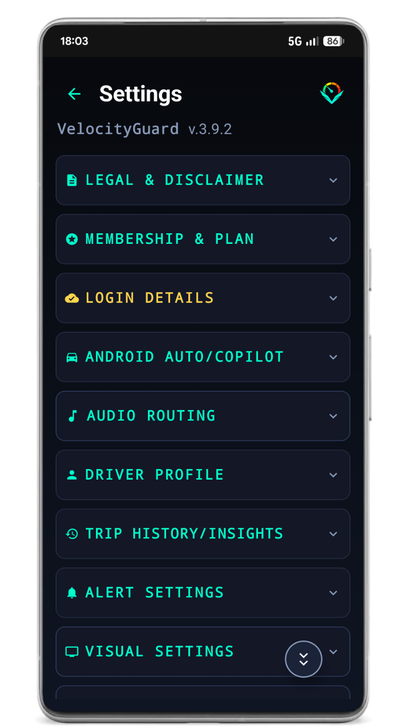VelocityGuard Settings Screen
